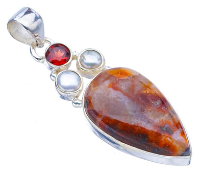 StarGems  Natural Crazy Lace Agate Garnet And River PearlHandmade 925 Sterling Silver Pendant 2