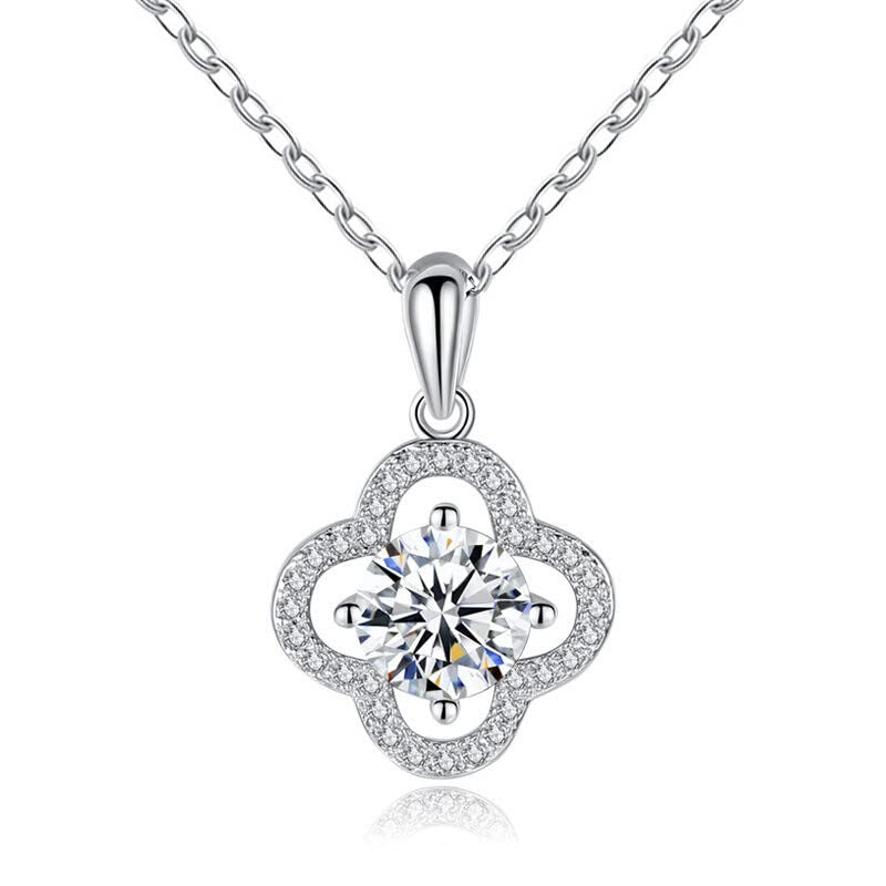 StarGems 1ct Moissanite 925 Silver Platinum Plated&Zirconia Clover Necklace B4619