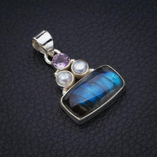 StarGems  Natural Blue Fire Labradorite River Pearl And Amethyst Handmade 925 Sterling Silver Pendant 1.25" F5232