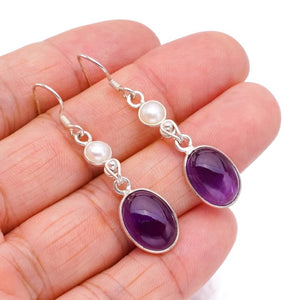 StarGems  Natural Amethyst River PearlHandmade 925 Sterling Silver Earrings 1.75" F6454