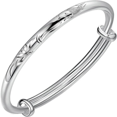 StarGems  Adjustable Carp&Lotus Handmade 999 Sterling Silver Bangle Bracelet For Women Cb0228