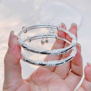 StarGems  Adjustable Amulet Carved Flower and Bell Handmade 999 Sterling Silver Bangle Bracelet For Women Cb0145