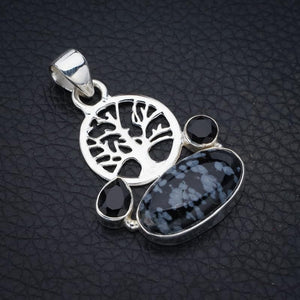 StarGems® Natural Snowflake Obsidian Black Onyx TreeHandmade 925 Sterling Silver Pendant 1.5" F4493