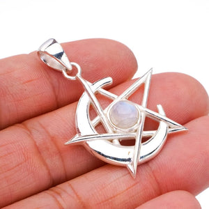 StarGems  Natural Moonstone Moon And StarHandmade 925 Sterling Silver Pendant 1.75" F5089