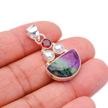 StarGems  Natural Ruby Zoisite Garnet And River Pearl Handmade 925 Sterling Silver Pendant 1.5" F4658