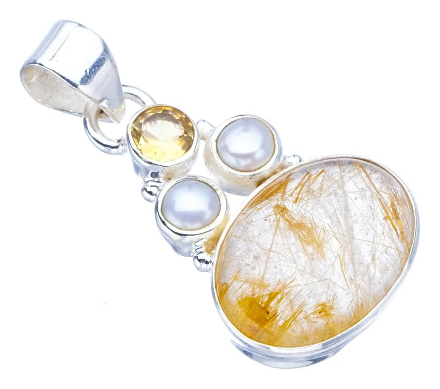 StarGems  Natural Golden Rutile Citrine And River Pearl Handmade 925 Sterling Silver Pendant 1.25