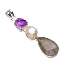 StarGems  Natural Blue Fire Labradorite,Biwa Pearl And Amethyst Rough Handmade 925 Sterling Silver Pendant 2.5" D5338