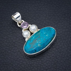 StarGems  Natural Chrysocolla River Pearl And Amethyst Handmade 925 Sterling Silver Pendant 1.5" F4801