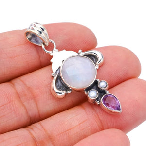 StarGems® Natural Moonstone Amethyst And River Pearl Handmade 925 Sterling Silver Pendant 1.75" F5076