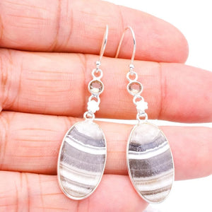 StarGems  Natural Zebra Calcite Smoky Quartz Handmade 925 Sterling Silver Earrings 2" F5518