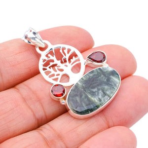 StarGems  Natural Seraphinite Garnet TreeHandmade 925 Sterling Silver Pendant 1.5" F4668