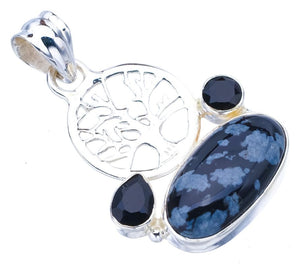 StarGems  Natural Snowflake Obsidian Black Onyx Tree Handmade 925 Sterling Silver Pendant 1.5" F4494