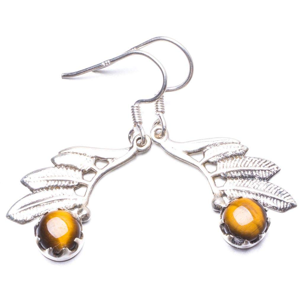 StarGems  Natural Tiger Eye Handmade Unique Leaf Shape 925 Sterling Silver Earrings 1.5