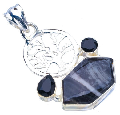 StarGems  Natural Pinolith Jasper Black Onyx Tree Handmade 925 Sterling Silver Pendant 1.75