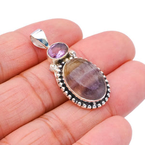 StarGems  Natural Fluorite Amethyst Handmade 925 Sterling Silver Pendant 1.5" F4597