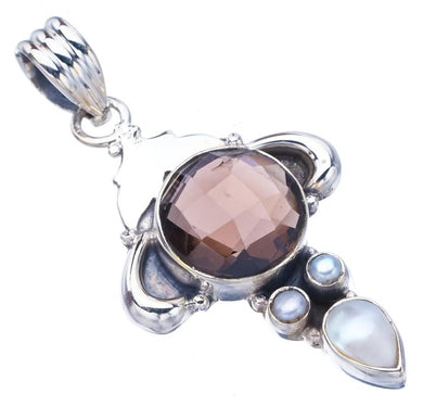 StarGems  Natural Smoky Quartz River Pearl Ox Handmade 925 Sterling Silver Pendant 1.75