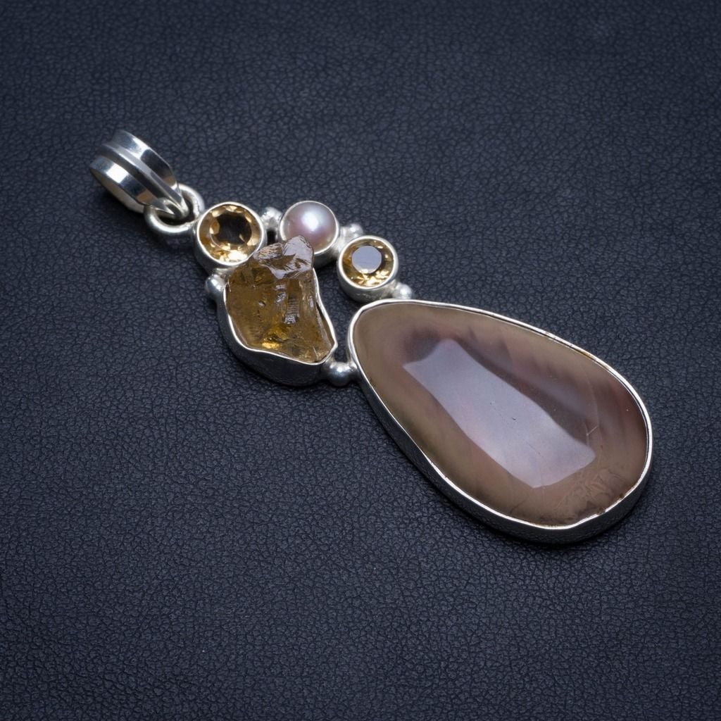 Natural Imperial Jasper,Citrine and River Pearl Boho 925 Sterling Silver Pendant 2.5