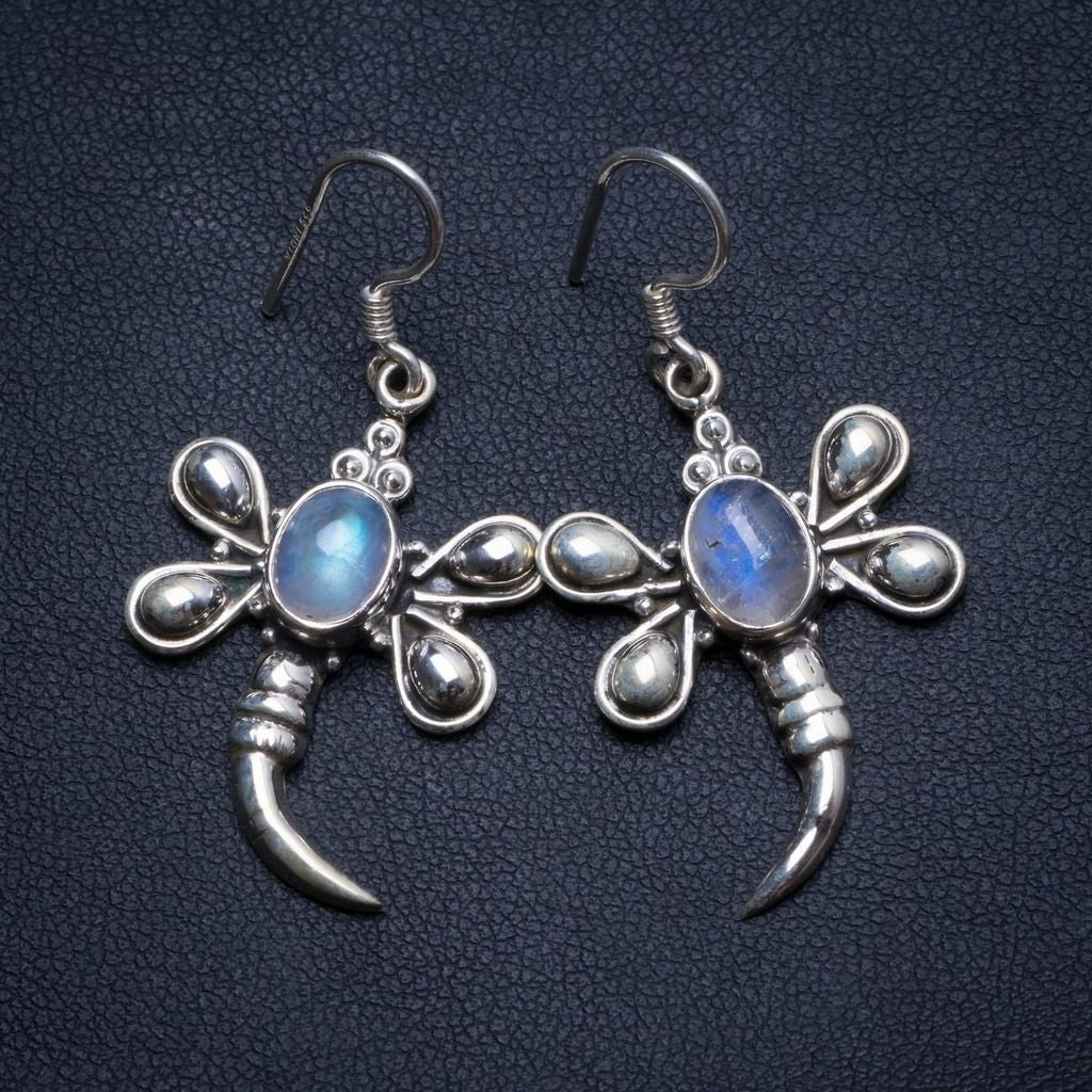 Natural Rainbow Moonstone Dragonfly Handmade Mexican 925 Sterling Silver Earrings 1 1/2