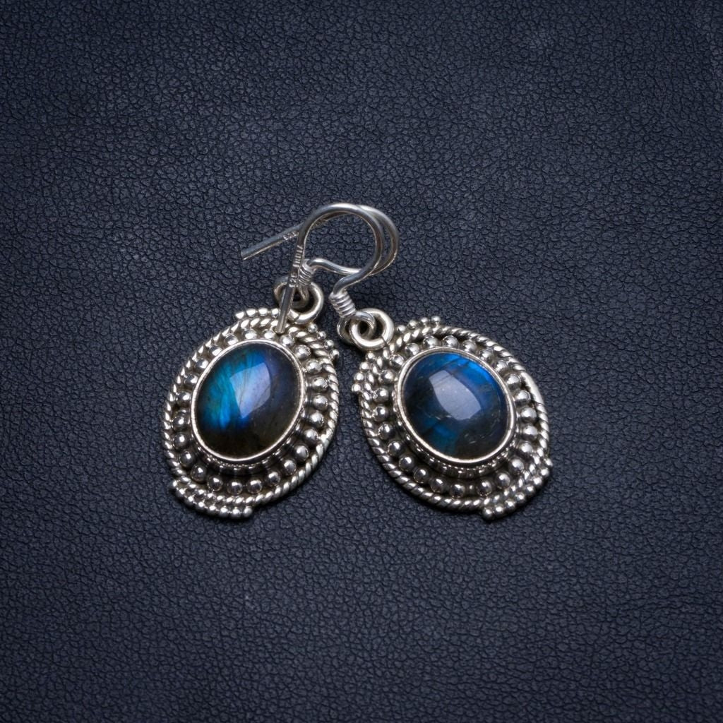 Natural Blue Fire Labradorite Handmade Boho 925 Sterling Silver Earrings 1 1/4