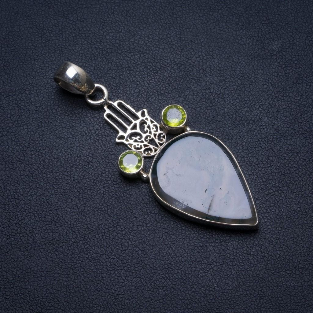 Natural Moss Agate and Peridot Handmade Unique 925 Sterling Silver Pendant 2 1/4