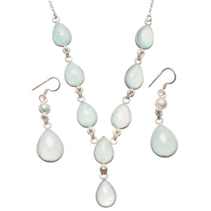 Chalcedony River Pearl Mexican 925 Sterling Silver Jewelry Set, Earrings:2" Necklace:18 1/4" T8781
