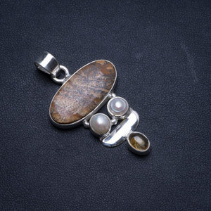 Natural Picture Jasper,River Pearl and Citrine Handmade Boho 925 Sterling Silver Pendant 1 3/4" U0339