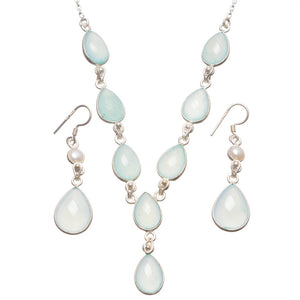 Natural Chalcedony River Pearl Boho 925 Sterling Silver Jewelry Set, Earrings:2" Necklace:18 1/2" T8784