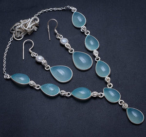 Natural Chalcedony River Pearl Boho 925 Sterling Silver Jewelry Set, Earrings:2" Necklace:18 1/2" T8784