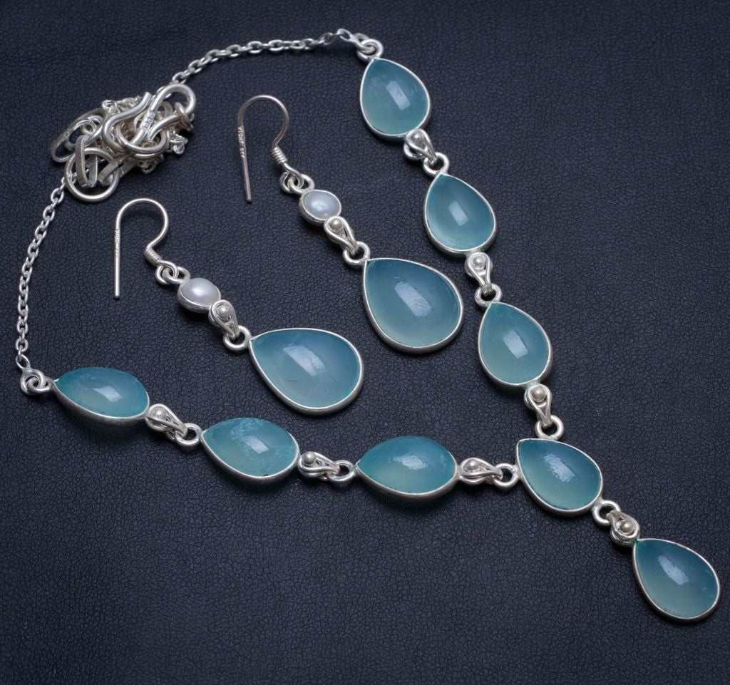 Natural Chalcedony River Pearl Boho 925 Sterling Silver Jewelry Set, Earrings:2