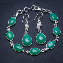 Natural Chrysoprase Pearl Vintage 925 Sterling Silver Jewelry Set, Earrings:2" Bracelet:7 1/4-8" T8845