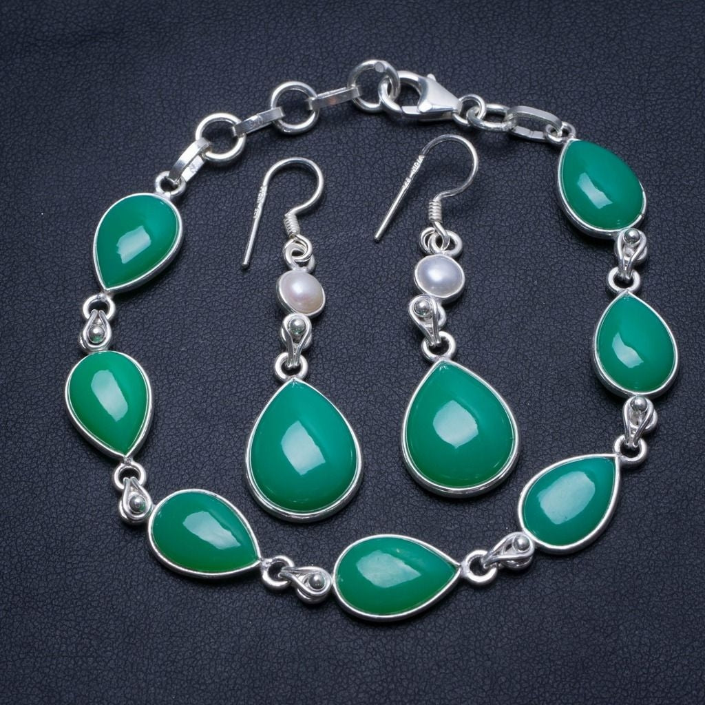 Natural Chrysoprase Pearl Vintage 925 Sterling Silver Jewelry Set, Earrings:2