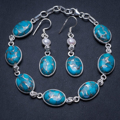 Natural Copper Turquoise Pearl 925Sterling Silver Jewelry Set, Earrings:1 3/4