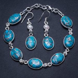 Natural Copper Turquoise Pearl 925Sterling Silver Jewelry Set, Earrings:1 3/4" Bracelet:7 3/4-8 1/2" T8825
