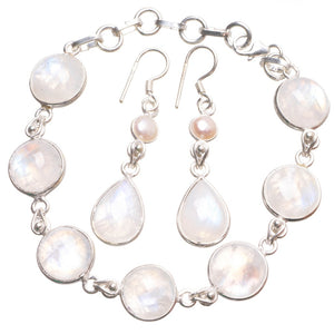 Rainbow Moonstone Pearl 925Sterling Silver Jewelry Set, Earrings:1 3/4" Bracelet:6 3/4-7 3/4" T8857