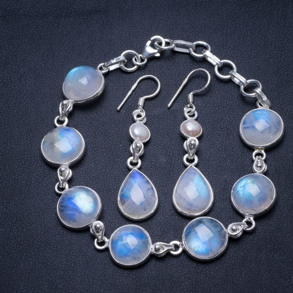 Rainbow Moonstone Pearl 925Sterling Silver Jewelry Set, Earrings:1 3/4