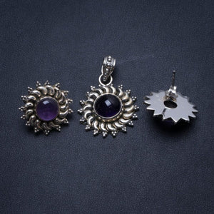 Amethyst Handmade Unique 925 Sterling Silver Jewelry Set, Earrings Stud:3/4" Pendant:1 1/4" T8878