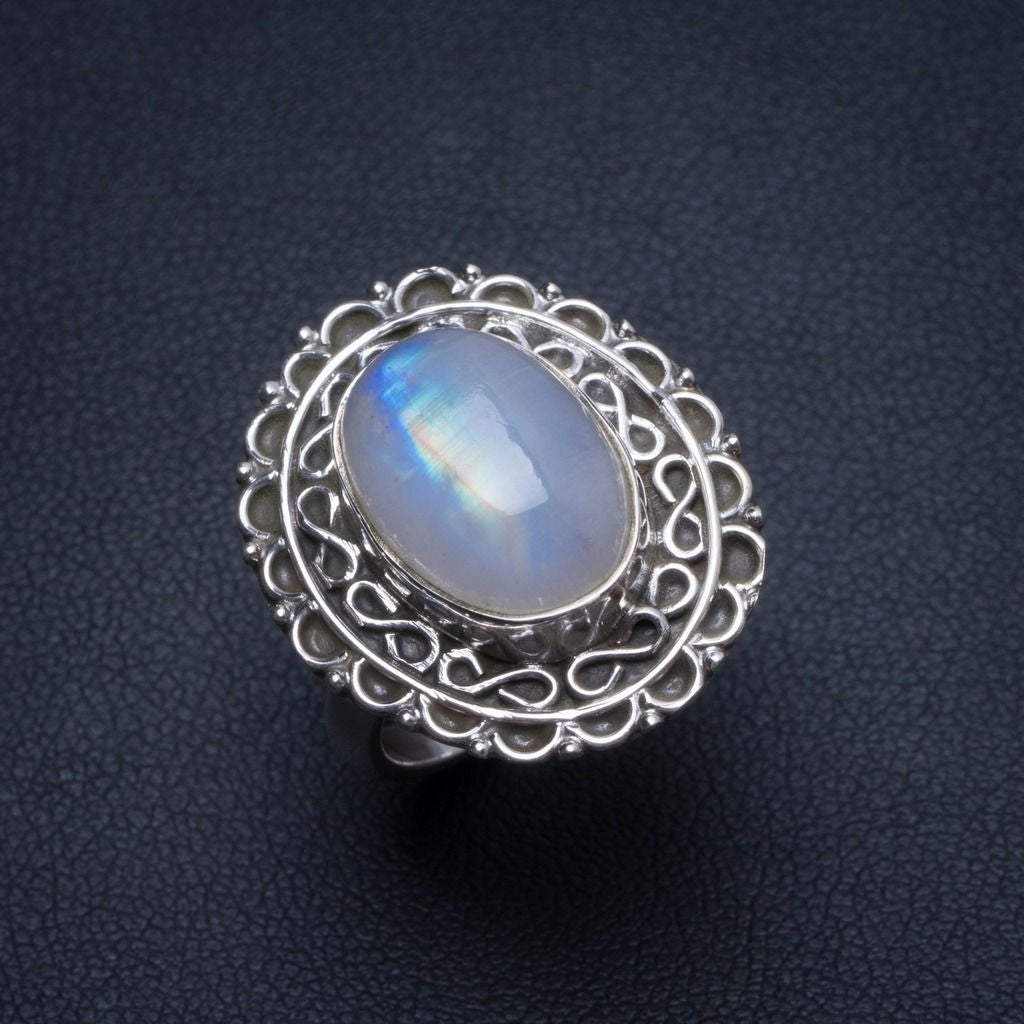Natural Rainbow Moonstone Handmade Vintage 925 Sterling Silver Ring, US size 6.25 T8200