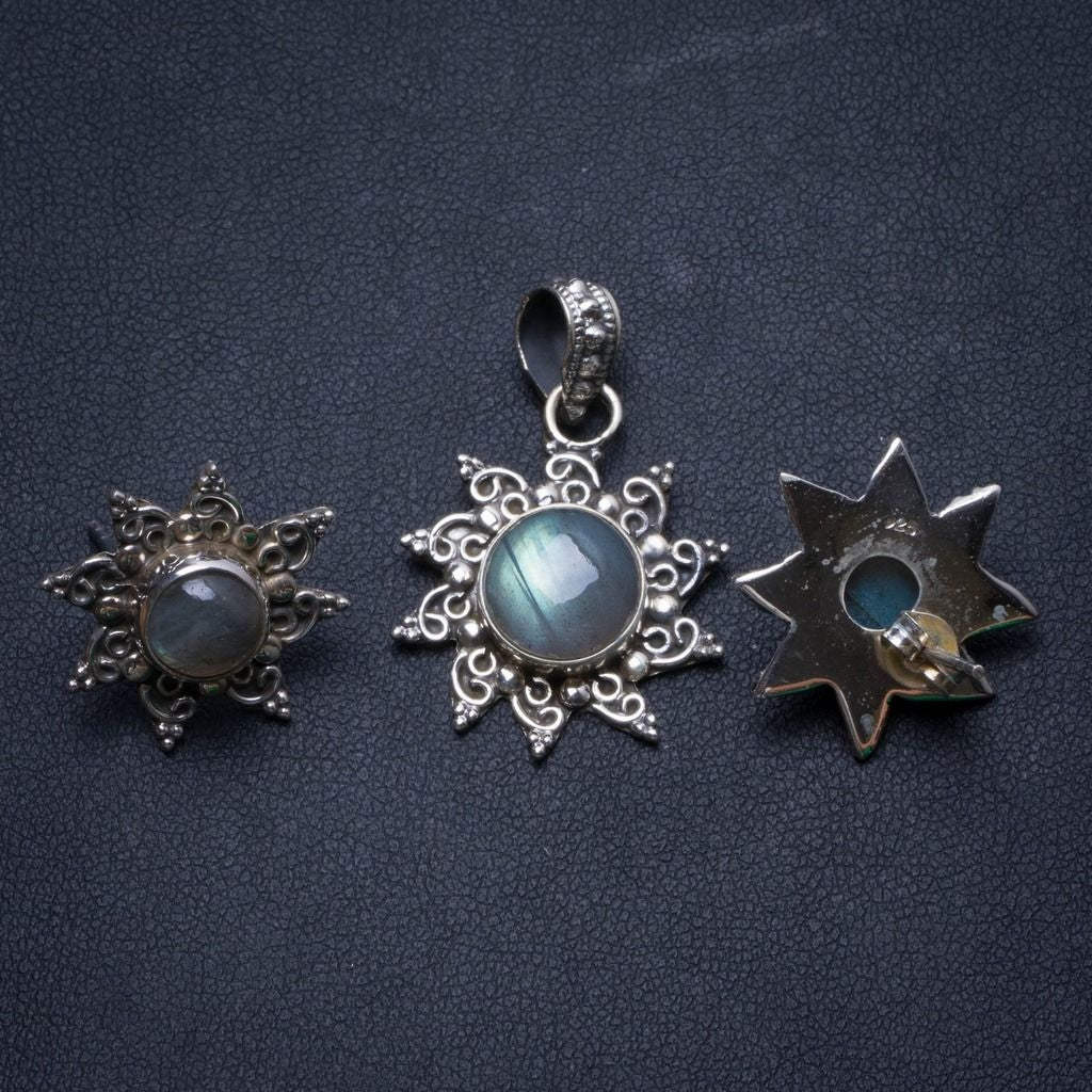 Natural Labradorite Boho 925 Sterling Silver Jewelry Set, Earrings Stud:3/4