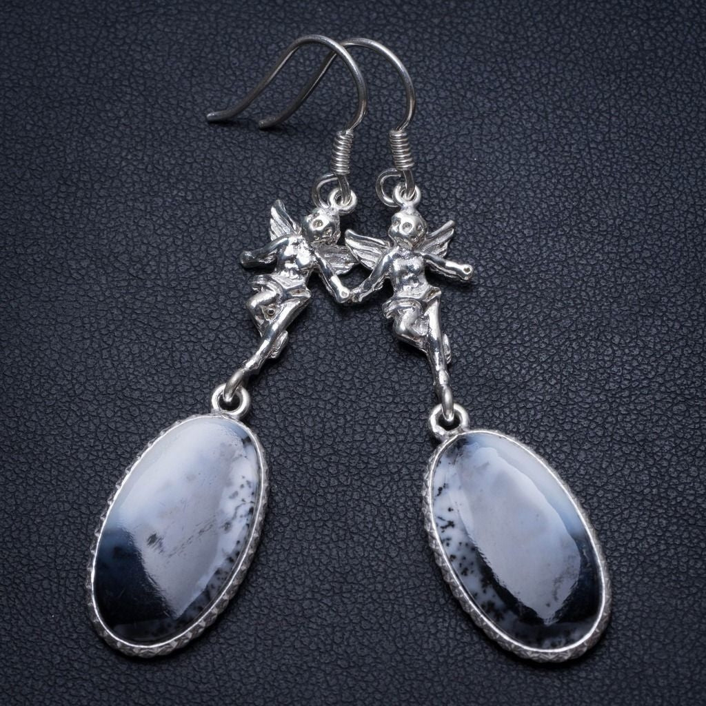 Natural Dendritic Opal Angel Handmade Vintage 925 Sterling Silver Earrings 2 1/4