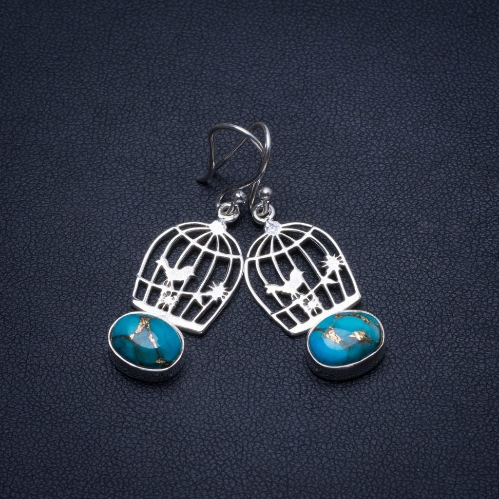 Natural Copper Turquoise Birdcage Handmade Boho 925 Sterling Silver Earrings 1 1/2