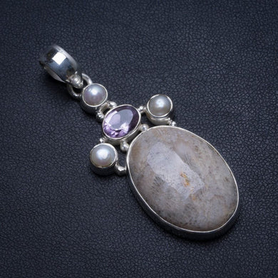 Fossil Coral,Amethyst and River Pearl Handmade Vintage 925 Sterling Silver Pendant 2