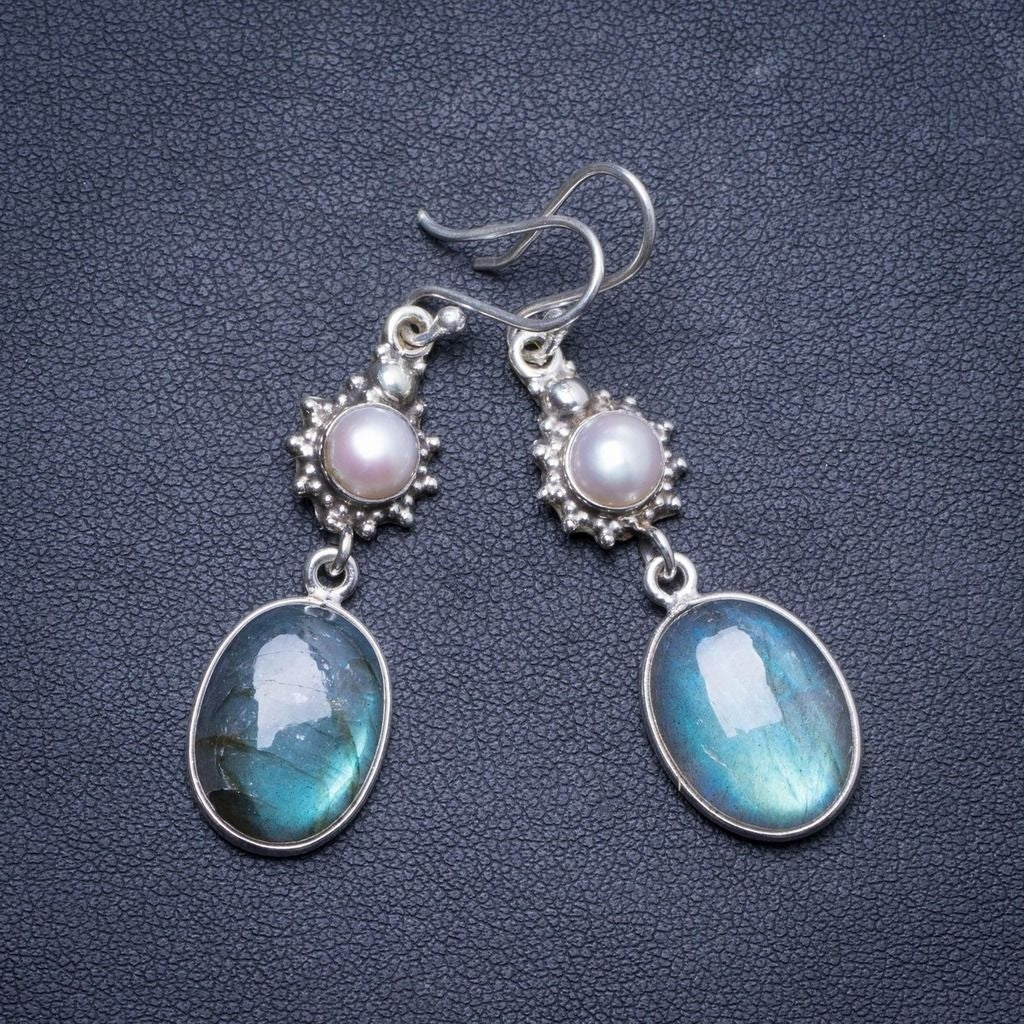 Natural Labradorite and River Pearl Handmade Unique 925 Sterling Silver Earrings 2.25