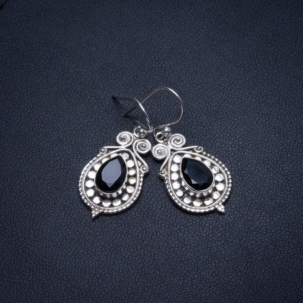 Natural Black Onyx Handmade Indian 925 Sterling Silver Earrings 1 1/4
