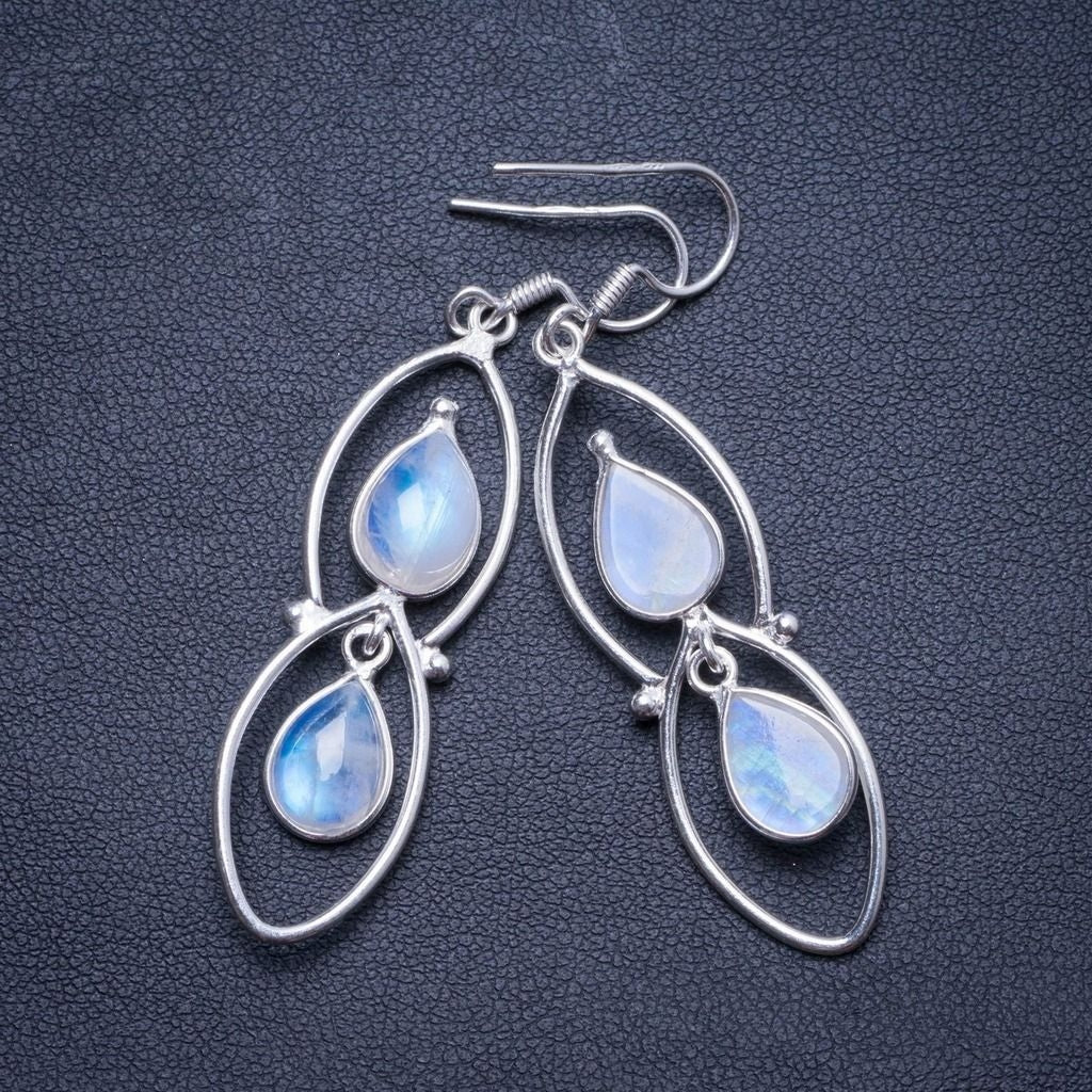 Natural Rainbow Moonstone Handmade Unique 925 Sterling Silver Earrings 2.25