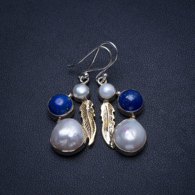Natural Two Tones Biwa Pearl,Lapis Lazuli and River Pearl 925Sterling Silver Earrings 1 3/4
