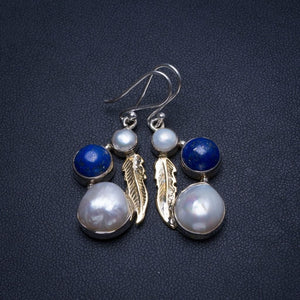 Natural Two Tones Biwa Pearl,Lapis Lazuli and River Pearl 925Sterling Silver Earrings 1 3/4" T4331