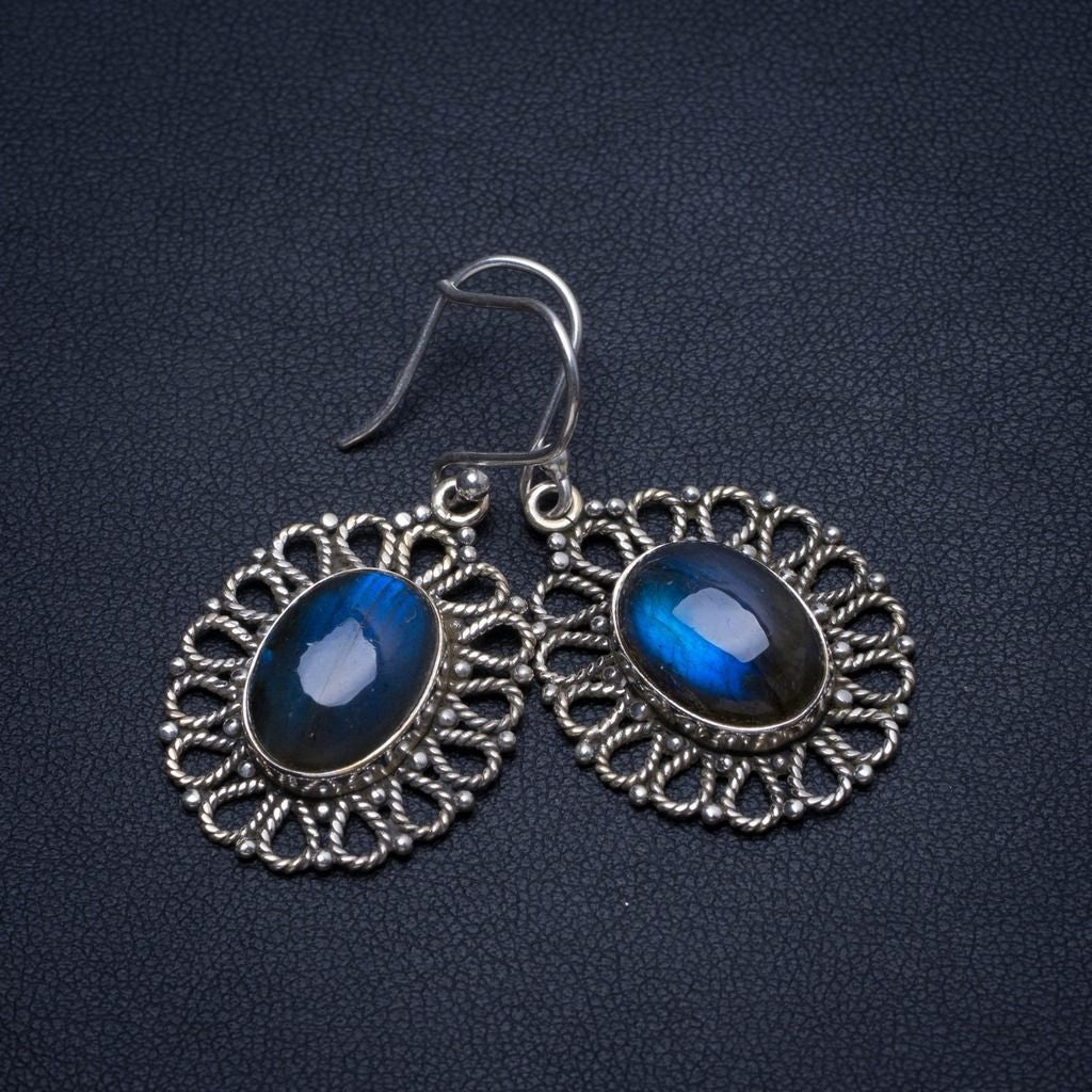 Natural Blue Fire Labradorite Handmade Indian 925Sterling Silver Earrings 1 1/2