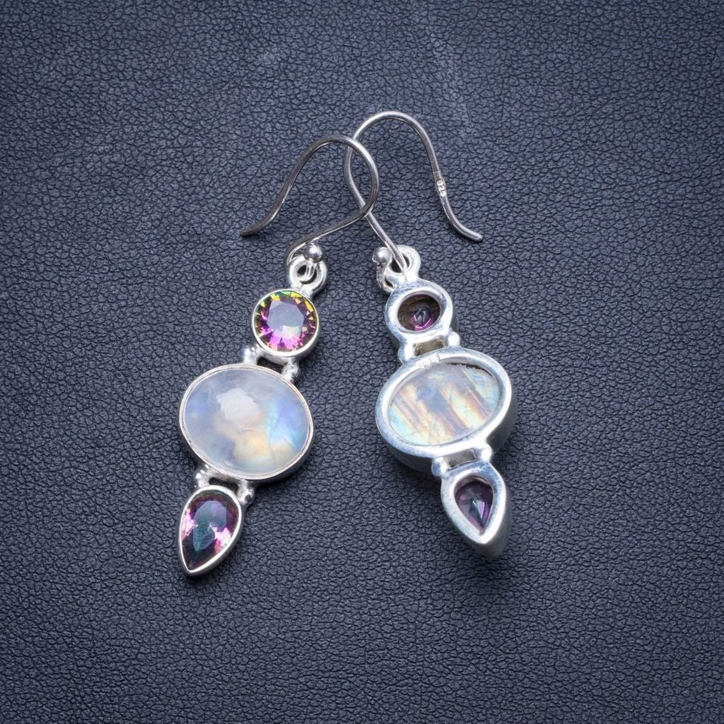 Natural Rainbow Moonstone and Rainbow Topaz Handmade Unique 925 Sterling Silver Earrings 1.75