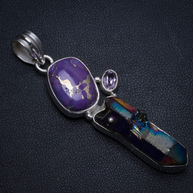 Rainbow Dichroic Glass,Copper Turquoise and Amethyst Boho 925 Sterling Silver Pendant 2 1/4