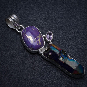 Rainbow Dichroic Glass,Copper Turquoise and Amethyst Boho 925 Sterling Silver Pendant 2 1/4" T0054